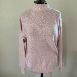 Pale pink silk & angora long sleeve turtleneck sweater sequins beads Medium